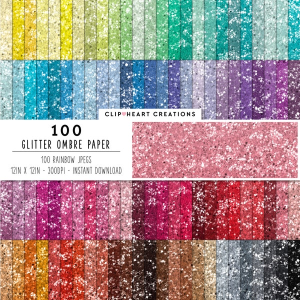 100 Glitter Ombre Digital Paper, Commercial Use Instant Download Glitter Gradient Paper, Rainbow Glitter Planner Scrapbooking Digital Paper