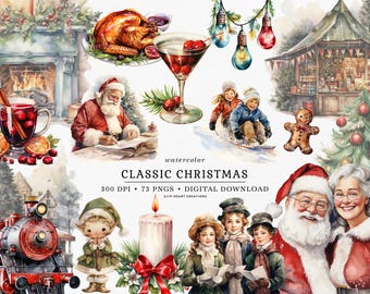May include: Watercolor illustrations of classic Christmas elements, including a gingerbread house, a train, a Christmas tree, a Santa Claus, a snowman, a candle, and a group of carolers. The illustrations are in a vintage style and are perfect for adding a touch of holiday cheer to your projects.