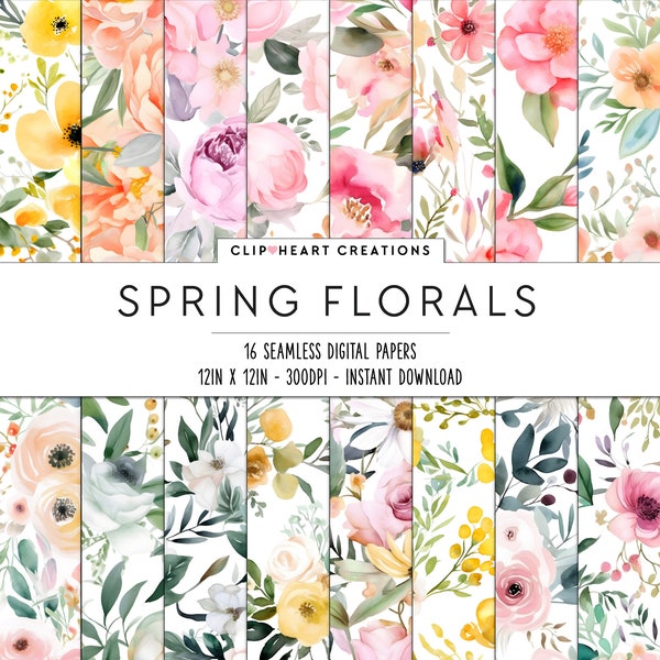 Spring Florals Watercolor Flowers Digital Papers, Seamless Commercial Use Instant Download Spring Flowers Digital Scrapbooking Papers