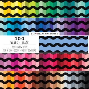 100 Wellen Muster Digitale Papiere, Kommerzielle Nutzung Nahtloses Wellenmuster Digitales Papier Pack, Regenbogen Wellen Planer Scrapbooking Papiere