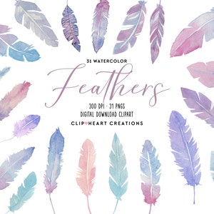 Watercolor Feathers Clip Art, Commercial Use Instant Download PNG Handpainted Watercolour Feathers Digital Clip Art, Boho Tribal Feathers