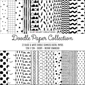 Black & White Doodle Seamless Digital Papers, Commercial Use Instant Download, Scandi black and white doodle pattern papers