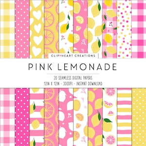 Pink Lemonade Digital Paper Patterns, 20 Seamless Commercial Use Instant Download Pink Lemonade Themed Digital Paper, Lemon Digital Papers