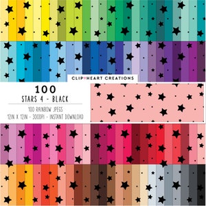 Könnte beinhalten: Ein digitaler Download von 100 digitalen Papiermustern im Format 30,5 cm x 30,5 cm mit schwarzen Sternen auf einem Regenbogenhintergrund. Der Text "CLIP HEART CREATIONS" und "100 STARS 4 - BLACK" ist im Bild enthalten.