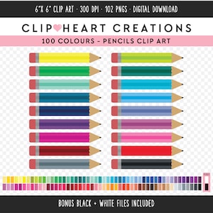 100 Pencils Clip Art, Commercial Use Instant Download PNG Digital Clipart, Rainbow Planner Pencil Clip Art