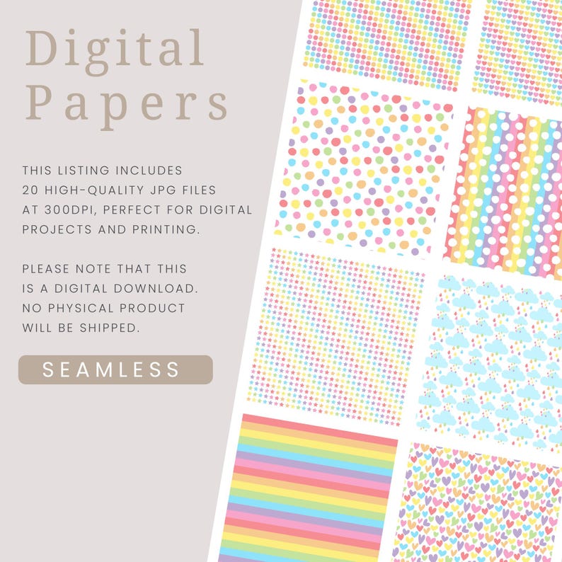 Rainbows Digital Paper Patterns, 20 Seamless Commercial Use Instant ...