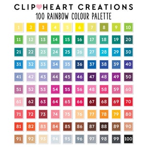 May include: A colorful 100 Rainbow Colour Palette chart with numbered color swatches. The chart features a variety of hues, including yellow, green, blue, purple, pink, and orange. The text "CLIP HEART CREATIONS" is at the top.