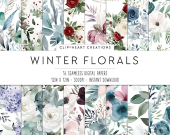 Winter Florals Watercolor Flowers Digital Papers, Seamless Commercial Use Instant Download Christmas Flowers Digital Scrapbooking Papers