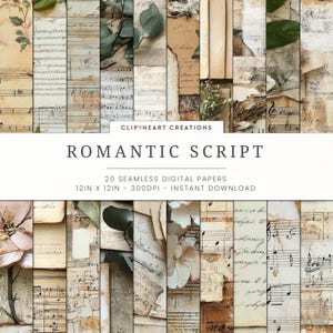 May include: A collage of 20 seamless digital papers, each 12 x 12 inches, featuring a romantic script theme. The papers display vintage sheet music, aged paper textures, and floral accents in neutral tones. The text "ROMANTIC SCRIPT" is displayed.