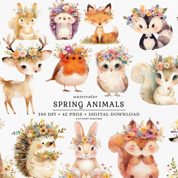 Watercolor Spring Animals Clipart, Commercial Use Instant Download PNG Watercolor Woodland Animals Digital Clipart, Floral Crown Spring Art