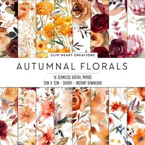 Autumnal Florals Watercolor Flowers Digital Papers, Seamless Commercial Use Instant Download Fall Flowers Digital Scrapbooking Papers