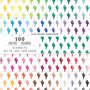 100 Cactus Pattern Digital Papers, Commercial Use Instant Download Seamless Cacti Pattern Paper Pack, Rainbow Cactus Planner Digital Paper