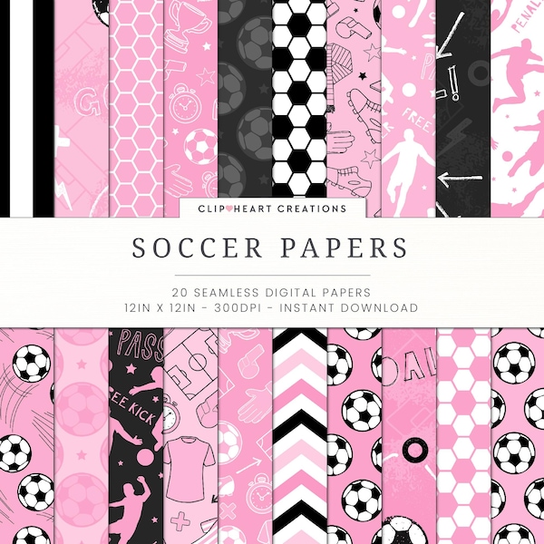 20 papéis digitais com tema de futebol, uso comercial perfeito, download instantâneo, papel digital com tema de futebol rosa, papéis digitais esportivos
