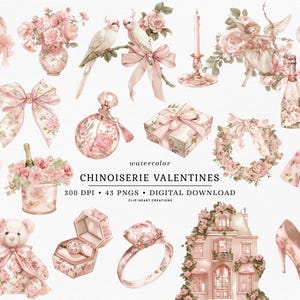 Chinoiserie Valentines Watercolor Clipart Collection, Commercial Use Instant Download PNG Watercolour Digital Clip Art, Toile De Jouy