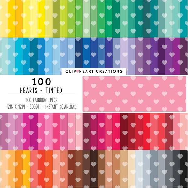 100 Hearts Digital Paper Pack, Commercial Use Instant Download Seamless Tinted Heart Pattern Digital Papers