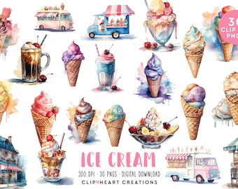 Ice Cream Watercolor Clipart Set, Commercial Use Instant Download PNG Watercolour Digital Clip Art, Summer Sweet Treats Watercolour Pack