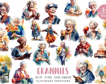 Funny Grannies Watercolor Clipart Set, Commercial Use Instant Download PNG Watercolour Digital Clip Art, Grandmothers Watercolour Pack