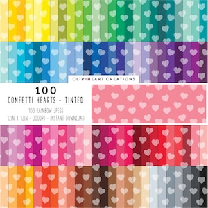 100 Heart Confetti Digital Paper Pack, Commercieel Gebruik Instant Download Naadloze Regenboog Getint Hart Patroon Digitale Papers