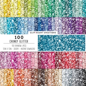 100 Chunky Glitter Digital Paper, Commercial Use Instant Download JPEG Glittered Paper, Rainbow Glitter Planner Scrapbooking Digital Papers