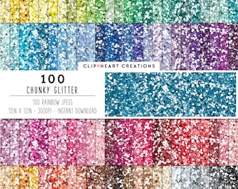 100 Chunky Glitter Digital Paper, Commercial Use Instant Download JPEG Glittered Paper, Rainbow Glitter Planner Scrapbooking Digital Papers