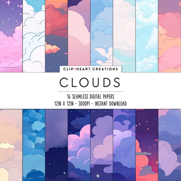 Dreamy Clouds Digital Papers, Seamless Commercial Use Instant Download Cartoon Painted Clouds Digital Scrapbooking Papers