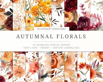 Autumnal Florals Watercolor Flowers Digital Papers, Seamless Commercial Use Instant Download Fall Flowers Digital Scrapbooking Papers