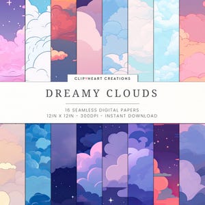 Dreamy Clouds Digital Papers, bezproblemowe komercyjne zastosowanie, natychmiastowe pobranie, Cartoon Painted Clouds Digital Scrapbooking Papers
