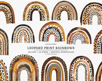 Conjunto de imágenes prediseñadas de acuarela de arcoíris con estampado de leopardo, descarga instantánea de uso comercial, imágenes prediseñadas digitales de acuarela PNG, arcoíris con estampado de leopardo
