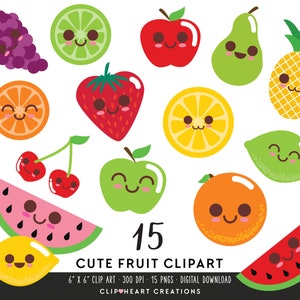 Cute Fruit Clip Art, Commercial Use Instant Download PNG Fruits Digital Clip Art, Kawaii Fruits Planner Digital Clipart, Fruit Clipart