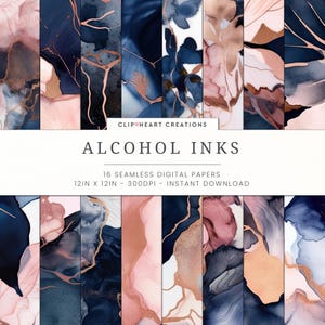 Marineblauwe en roségouden alcoholinkt naadloze digitale papieren, naadloos commercieel gebruik Instant download abstracte verf digitale scrapbookingpapieren