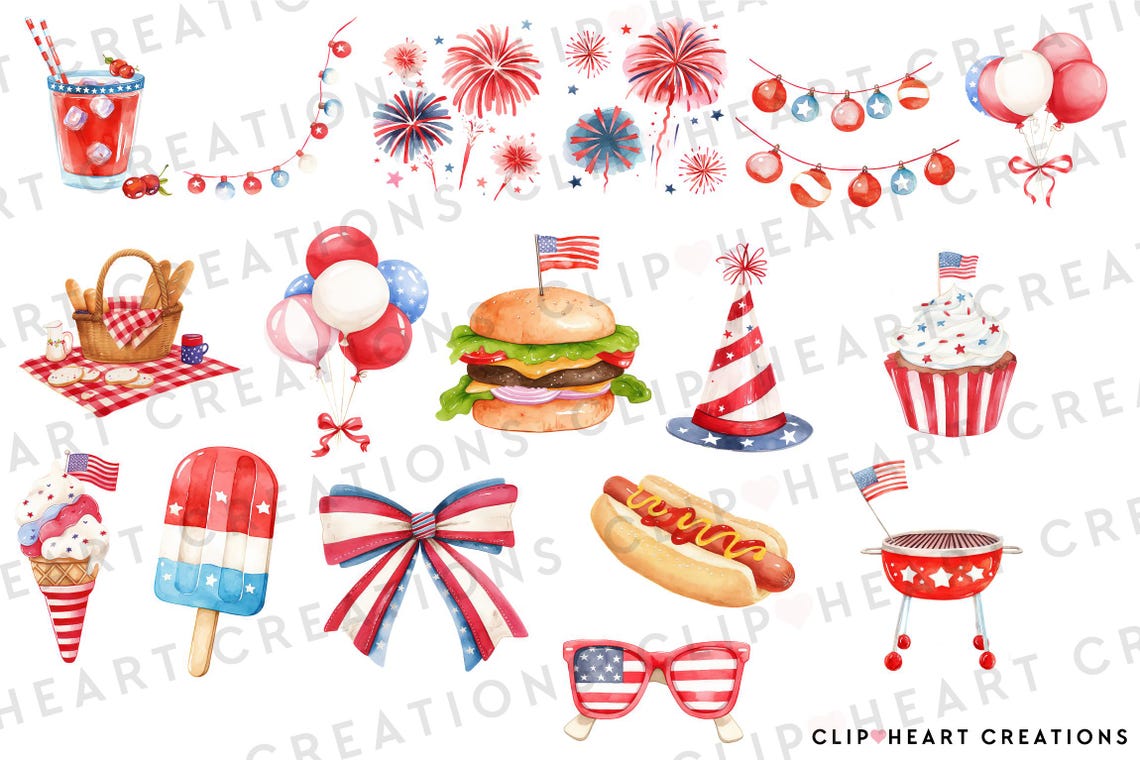 Watercolor 4th of July Clipart Bundle - Patriotic Digital Download - 49 ...