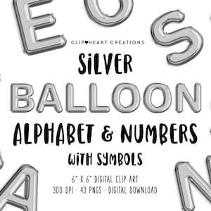 Silver Foil Balloon Alphabet Clip Art, Commercial Use Instant Download Silver Balloons Alphabet, Balloons Alphabet Digital Clipart