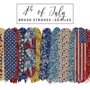 May include: A set of 22 digital brush stroke graphics featuring red, white, and blue glitter patterns, including stars and stripes. The graphics are perfect for adding a festive touch to your 4th of July designs.