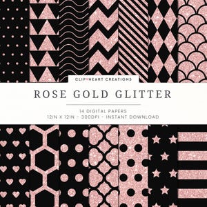 14 Rose Gold and Black Glitter Pattern Digital Papers, Commercial Use Instant Download Metallic Digital Paper, Rose Gold Planner Papers