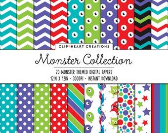 Monster Digital Papers, Commercial Use Instant Download Cute Monster Digital Paper Pack