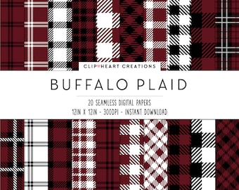 Burgundy Buffalo Plaid Digital Paper Set, Seamless Lumberjack Plaid Papers, Personal & Commercial Use Buffalo Check Papers, Tartan