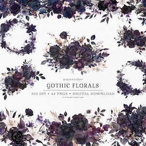 Florales góticos Halloween acuarela Clipart Set, uso comercial Descarga instantánea PNG acuarela Digital Clip Art, acuarelas de flores oscuras