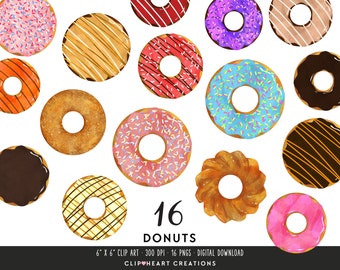 Watercolor Donut Clip Art, Commercial Use Instant Download PNG Watercolour Junk Food Sweets Donuts Digital Clip Art
