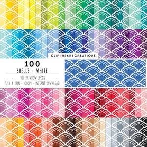 May include: A set of 100 digital paper patterns featuring a white shell design on a rainbow gradient background. The patterns are 12 inches by 12 inches and 300 DPI. CLIP HEART CREATIONS