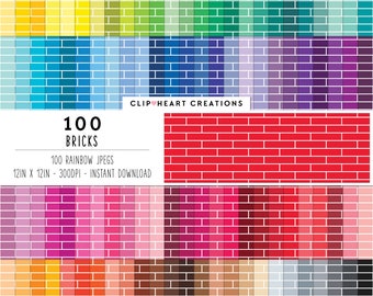 100 Bricks Digital Papers, Commercial Use Instant Download Seamless Brick Pattern Digital Papers, Rainbow Brick Scrapbooking Planner Papers