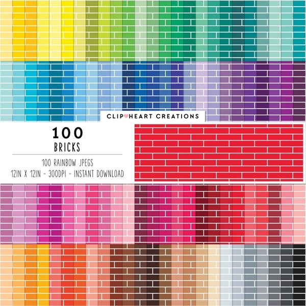 100 Bricks Digital Papers, Commercial Use Instant Download Seamless Brick Pattern Digital Papers, Rainbow Brick Scrapbooking Planner Papers