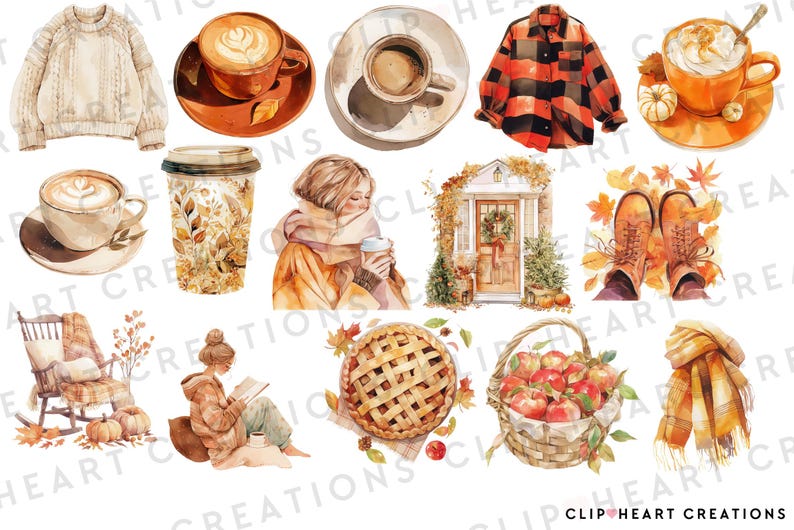 Cozy Fall Watercolor Clipart Set, Commercial Use Instant Download PNG ...
