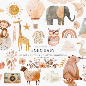 Könnte beinhalten: Aquarell-Illustrationen einer Vielzahl von Tieren, Pflanzen und Objekten im Boho-Stil. Die Illustrationen beinhalten eine Giraffe, einen Affen, eine Eule, einen Elefanten, einen Löwen, einen Bären, einen Fuchs, ein Kaninchen, einen Schwan, ein Schaf, einen Heißluftballon, die Sonne, den Mond, Berge, Wolken und vieles mehr. Die Illustrationen sind perfekt zum Erstellen von Einladungen, Karten und anderen Bastelarbeiten.