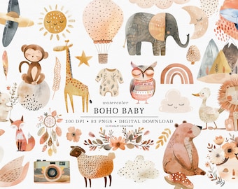 Acuarela Boho Baby Clipart, uso comercial Descarga instantánea PNG acuarela Doodle Boho baby Elements Clipart, Boho Nursery Clipart