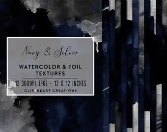 Navy & Silver Watercolor and Foil Digital Papers, Commercial Use Instant Download Foil Digital Paper, Watercolor Papers