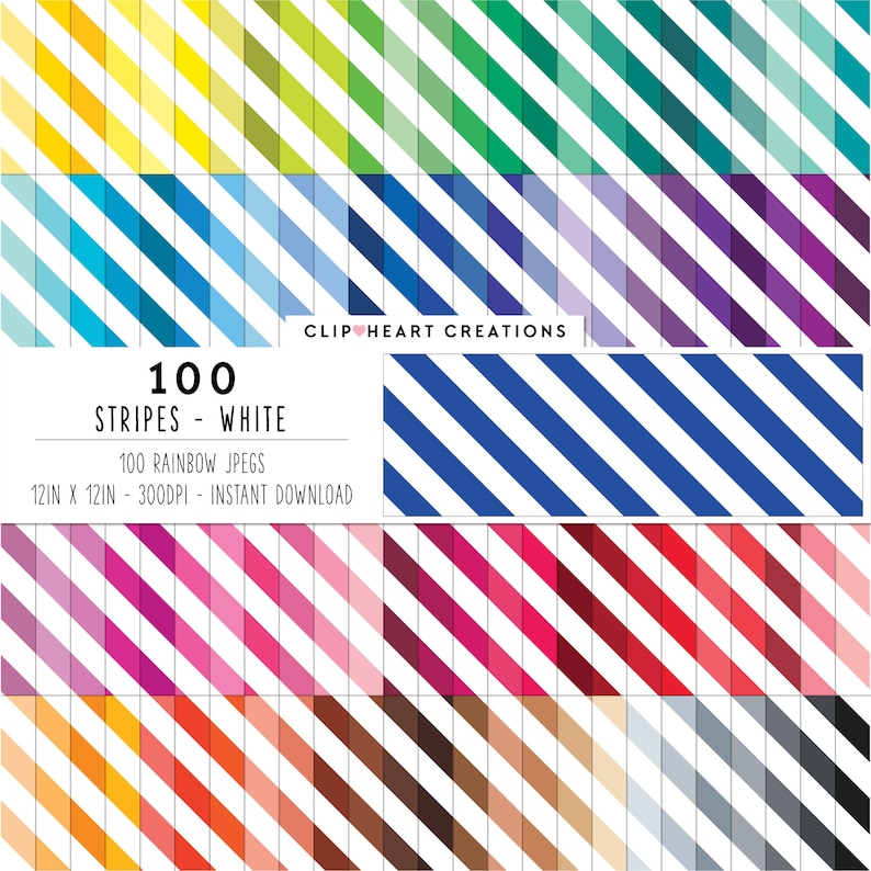 K&ouml;nnte beinhalten: 100 digitale Papiermuster mit wei&szlig;en Streifen und einem Regenbogen an Farben. Jedes Muster ist 30,48 cm x 30,48 cm gro&szlig; und hat 300 DPI.