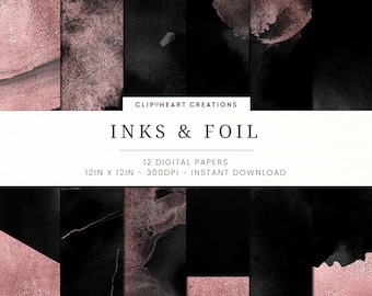 Black & Rose Gold Watercolor and Foil Digital Papers, Commercial Use Instant Download Foil Digital Paper, Watercolor Papers