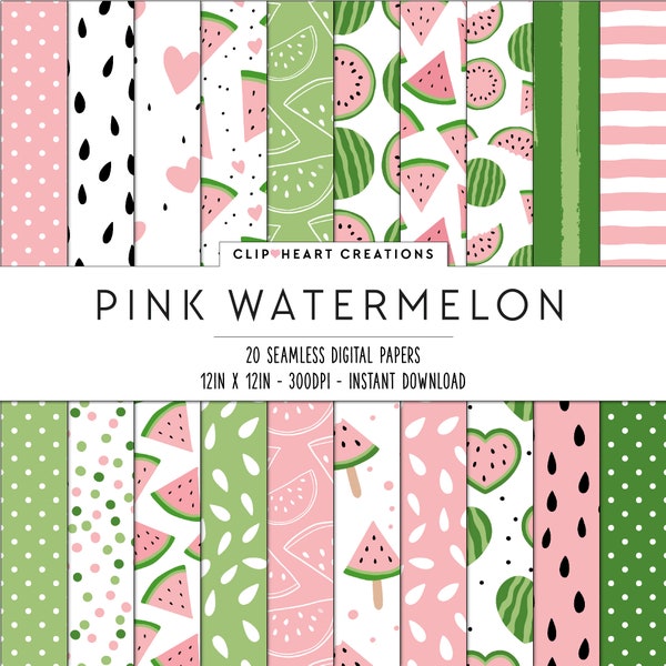20 Pink Watermelon Themed Digital Papers, Seamless Commercial Use Instant Download Watermelon Themed Digital Paper, Fruits Digital Papers