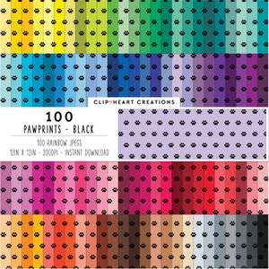 100 Paw Prints Digital Paper Pack, Commercial Use Seamless Rainbow Dog Paw Prints Digital Papers, Pet Paw Prints Digital Papers