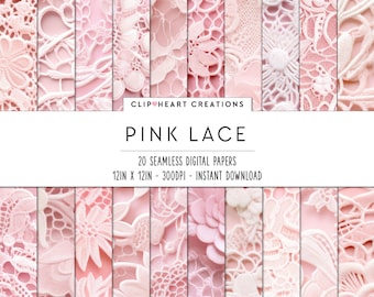 Pink Lace Digital Papers, Seamless Commercial Use Instant Download Valentines Day Lace Digital Paper, 20 Seamless Digital Papers